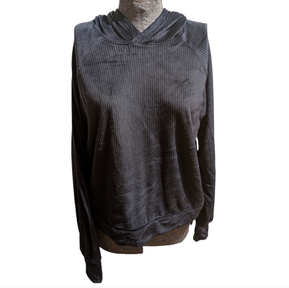All in Motion Navy Black Velour Ribbed Zip-Up Hoodie Sz M - Picture 1 of 8